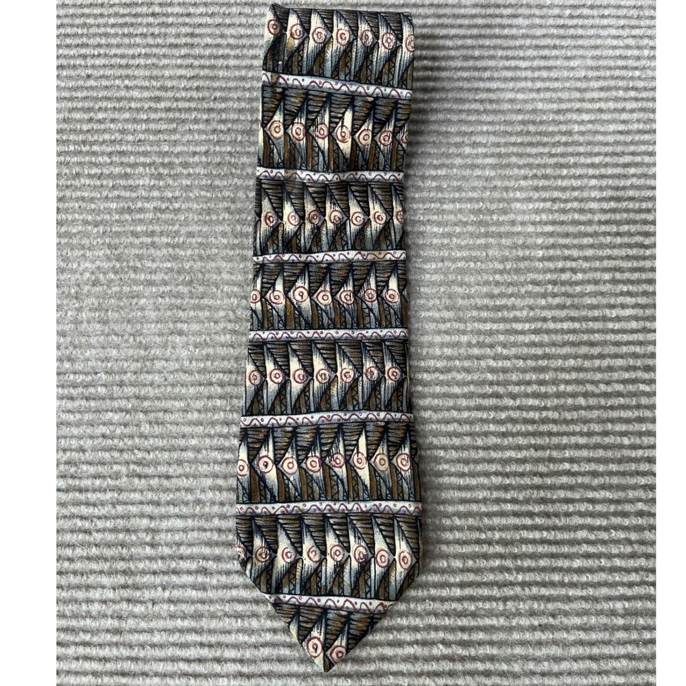 L'Homme Vintage Silk Tie Geometric Tribal Pattern Bronze Gold Made in USA‎ Mens